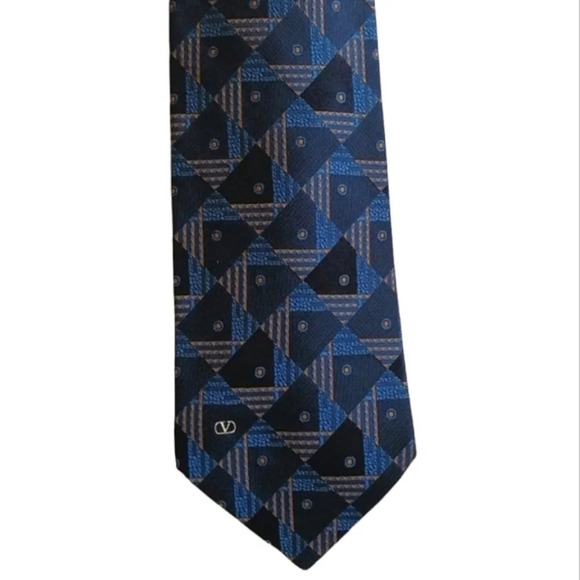 Valentino Garavani "V" Italian 100% Silk Tie with Blue and Orange Textured Print - Picture 1 of 14